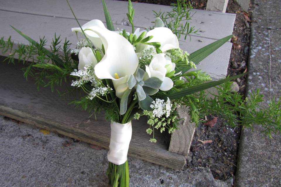A small, but fun bouquet with succulents, calla lilies, freesia, queen anne's lace and flowing greenery
