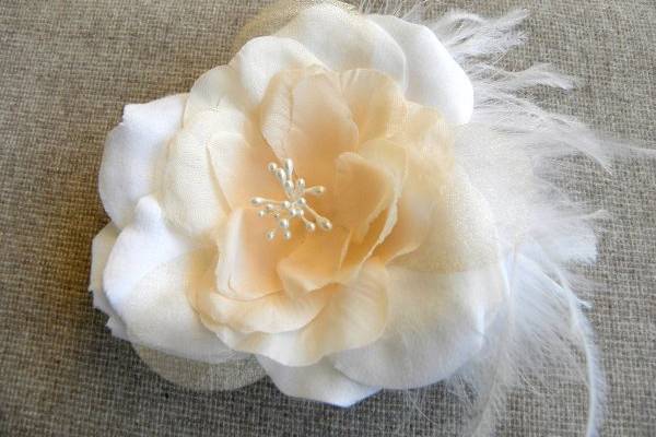 Josephine White and Peach Hair Flower with Ostrich Feathers