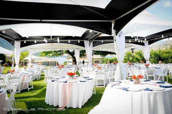 Dinner tables, square vases with crystal rocks, white hydrangeas & salmon roses.