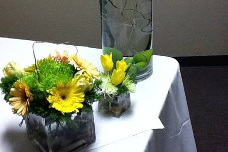 Event centerpieces: tall vase with limes, curly willow and floating candle, small square vase with rocks, yellow tulips, curly willow and greens, larger square vase with Gerbera daisies, green Spider mums, Trachellium jade and curly willow with rocks