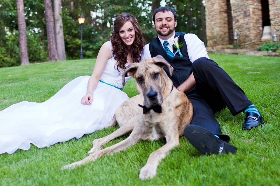 bride and groom with their puppyphoto by Amy Boston Photography