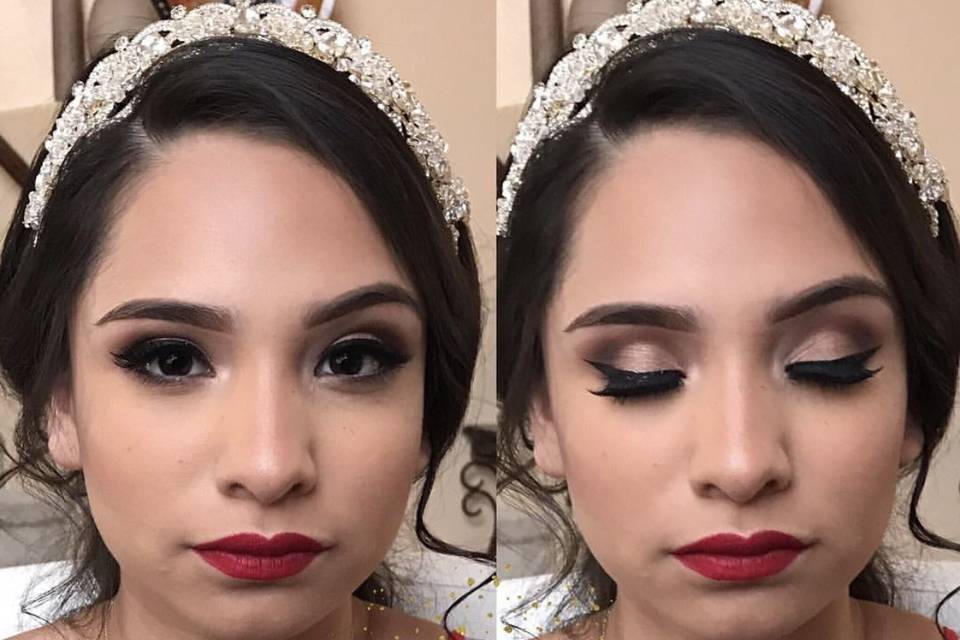 Eyeshadow details and bold red lip