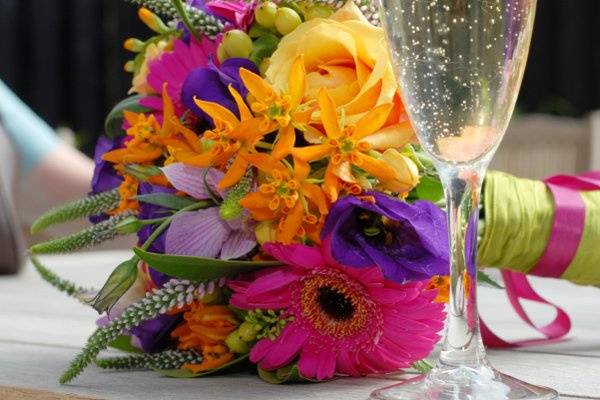 Bouquet and champagne glass