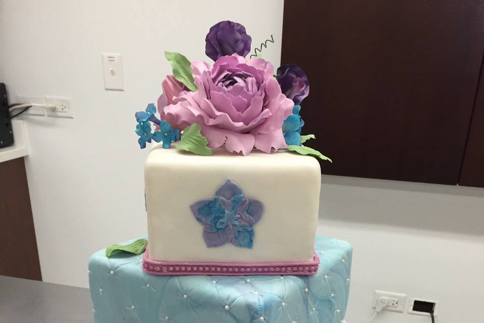 Fondant covered round and square cakes :: brush embroidery, quilting, marble effect. Peonies, roses, sweet peas, and hydrangeas hand made with gum paste.