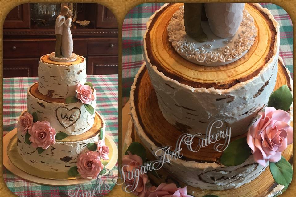 Birch tree slices for this rustic themed lemon cake, with handmade sugar gumpaste roses.