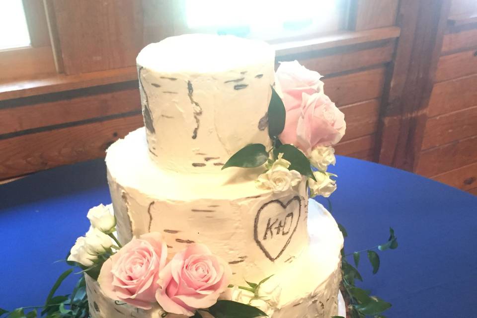 Rustic birch 3-tier with natural roses and greenery