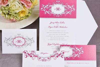 The lavish french kiss and platinum colored scrollwork patterns featured on this white card invitation were inspired by the beauty of French designs.5 1/4