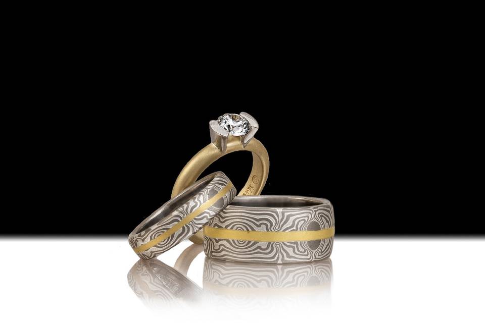 Mirror Image matching wedding rings with engagement ring
