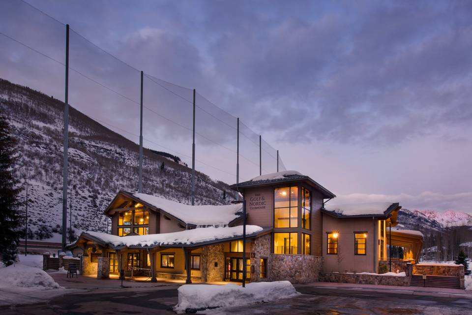 Exterior of the Vail Golf & Nordic Clubhouse in winter