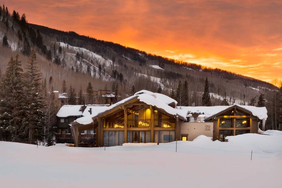 The Vail Golf & Nordic Center as seen at sunset from the Nordic ski track