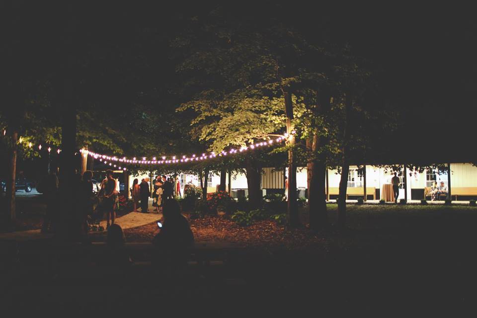 Lights hung outside the barn