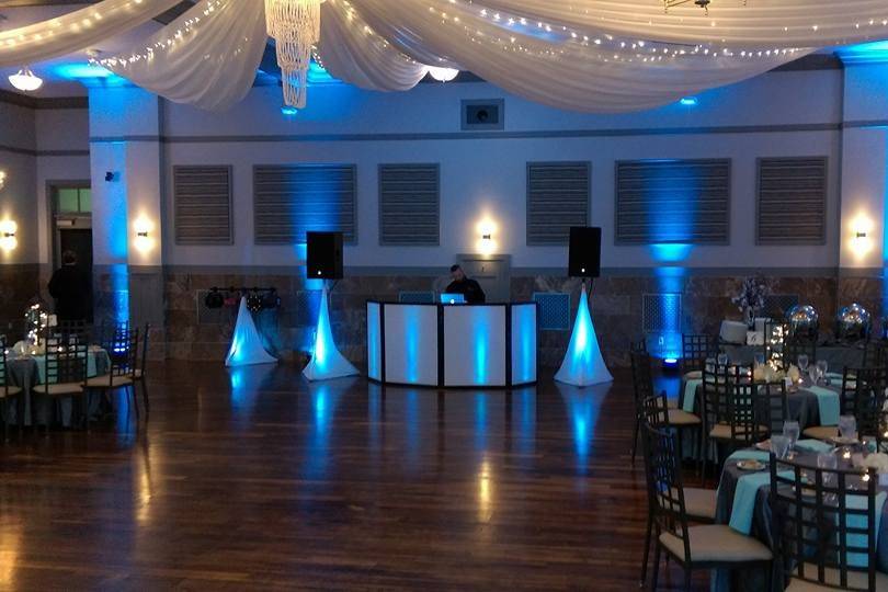 Blue lighting and DJ setup