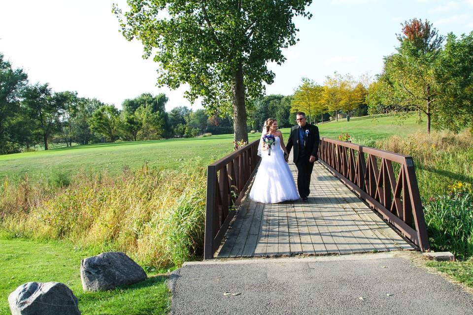 Bride and groom take a stroll after the wedding ceremony