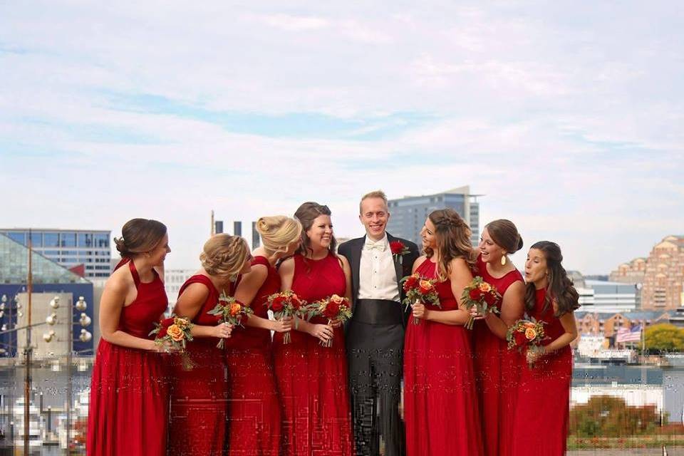 Groom with bridesmaids