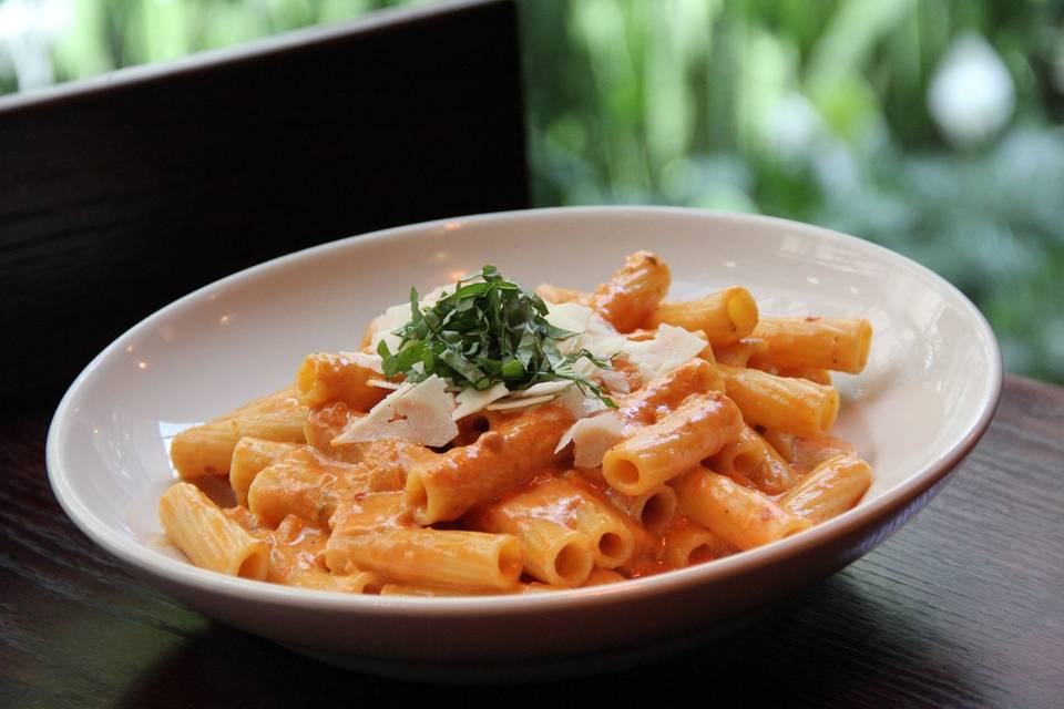 Fresh rigatoni pasta tossed in a homemade vodka sauce topped with basil and shaved Parmesan.
