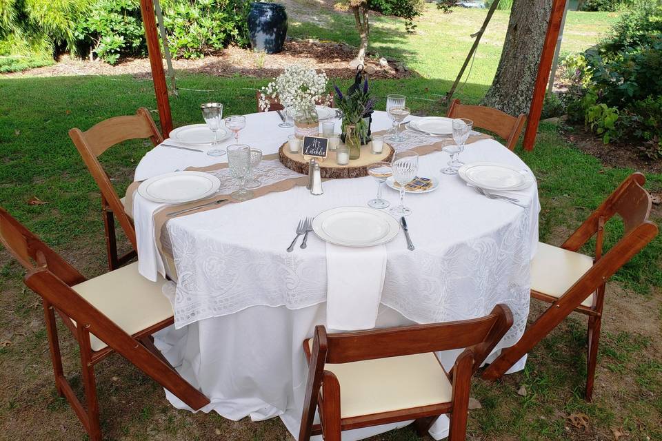 Linens, china and chairs