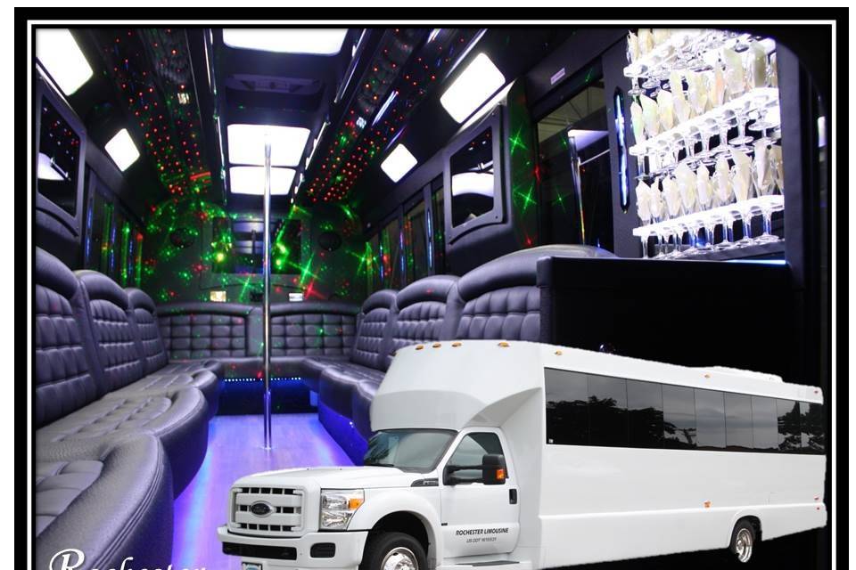 Tiffany 30 Passenger Coach Bus
 25 to 30 Passengers
 4 46″ Plasma TVs
 CD/DVD/Mp3/iPod
 Rockford Fosgate Sound
 4 Bar Areas, glassware included
 Entertainment Controlled LED Lighting