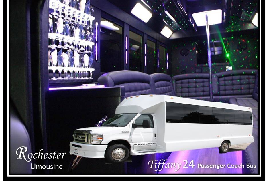 Tiffany 24 Passenger Coach Bus
20 to 24 Passengers
4 Plasma TVs
CD/DVD/Mp3/iPod
Large Bars, glassware included
Fiber Optic Lights
Entertainment Controlled LED Lighting
Rockford Fosgate Sound