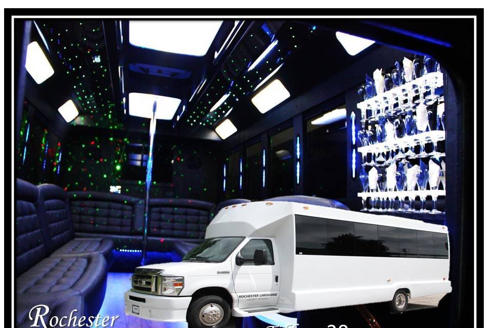 Tiffany 20 Passenger Coach Bus
18 to 20 Passengers
2 Plasma TVs
CD/DVD/Mp3/ipod
1 Large Bar, glassware included
Entertainment Controlled LED Lighting
Rockford Fosgate Sound