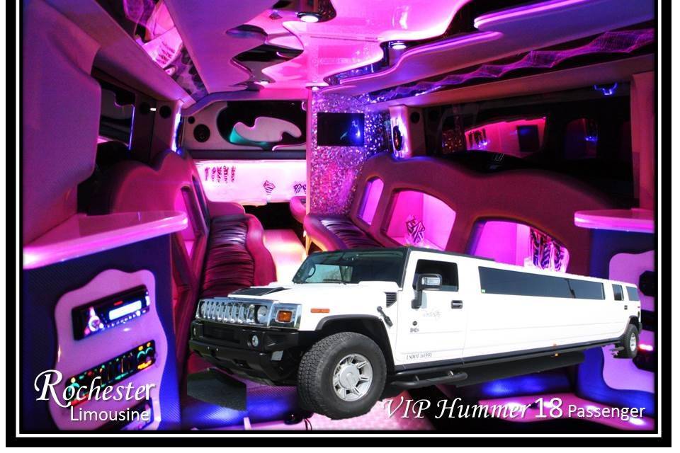 VIP Hummer 18 Passengers
Changing Fiber Optic Mood Lighting
Lighted Fiber Optics in back of Seats
Wet Bar
Cd Player
DVD Player
Private VIP Area