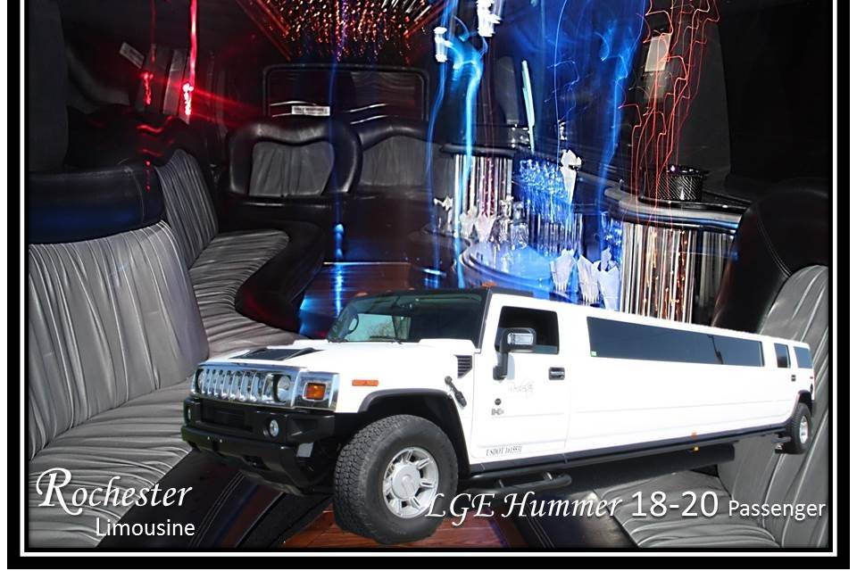 LGE Hummer 18-20 Passengers
Mood Lighting
Wood Floors
Laser Lighting
Mirror Star Gazer Ceiling
Wet bars
Cd Player
Dual Screen DVD Player