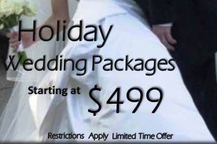 Holiday Wedding Packages discounted from $599 to $1599 Down to $499 to $1399. Offer Valid For November, December and January Weddings.
Restrictions Apply