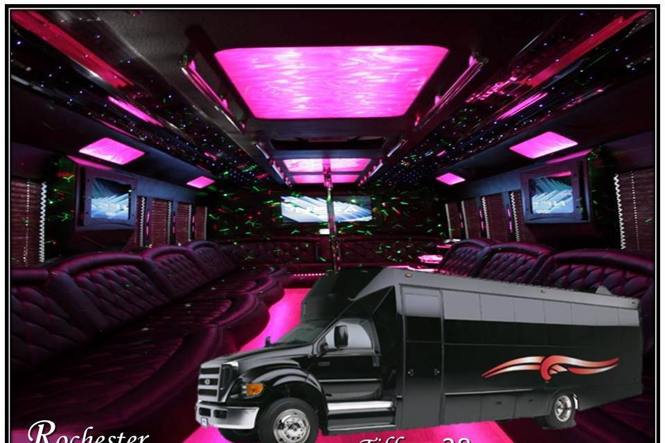 Tiffany 28 Passenger Coach Bus
 25 to 28 Passengers
 4 46″ Plasma TVs
 CD/DVD/Mp3/iPod
 Rockford Fosgate Sound
 4 Bar Areas, glassware included
 Entertainment Controlled LED Lighting