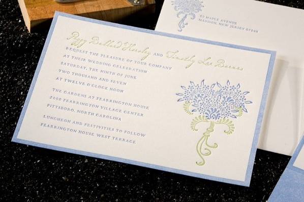 This two color letterpress project was printed on 100% cotton rag stock. The inspiration behind the design was Folk Americana design and a love for hydrangea flowers.