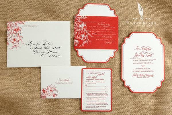 Custom designed invitation suite for early summer wedding. Featuring die cut, letterpress invitation and RSVP with offset complements.