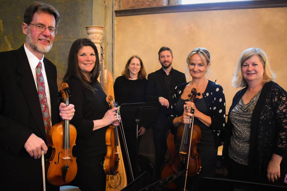 String Quartet with harpist and vocalist, indoor wedding ceremony