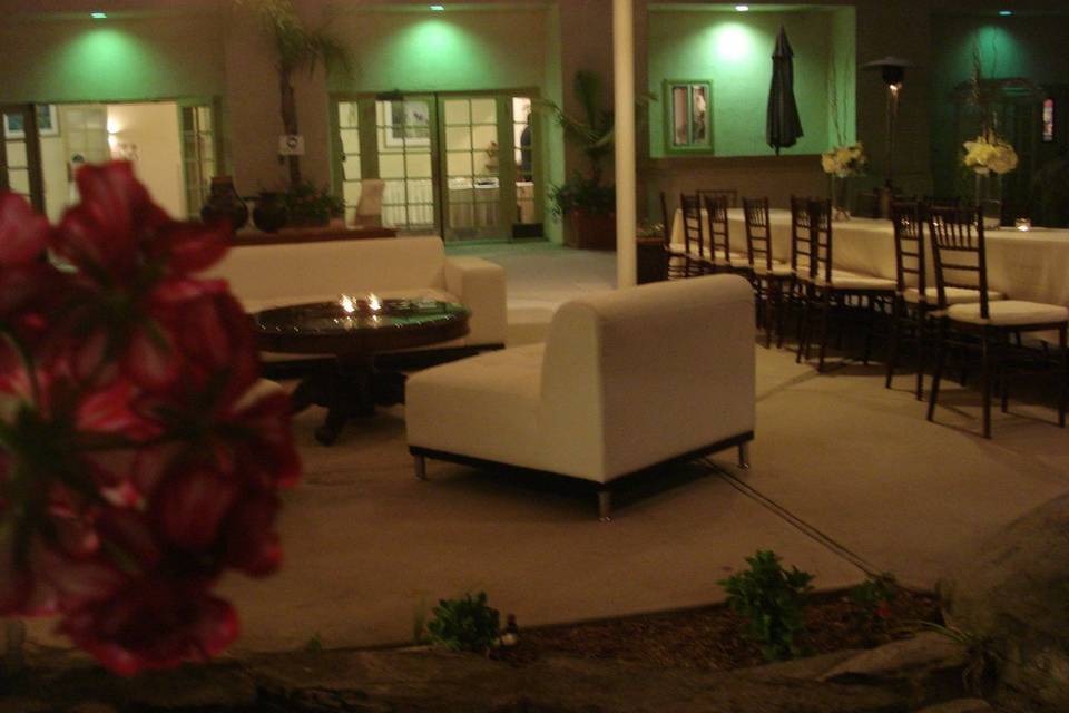 A lounge setup in the Garden Courtyard. Couches and chairs were rented by an outside vendor.