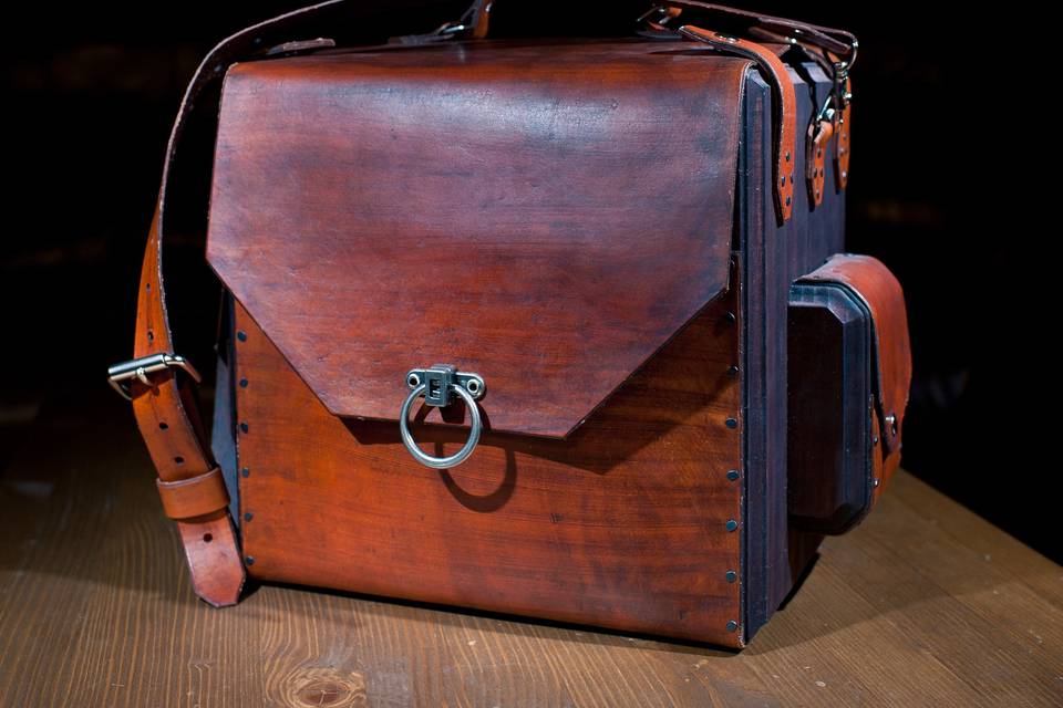 custom wood and leather camera bag