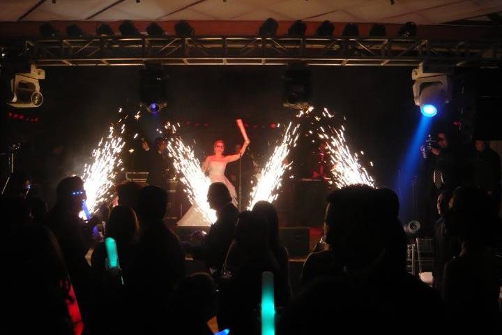 The bride onstage at the wedding reception