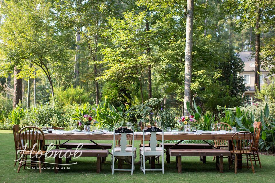 Farm tables with benches and chairs