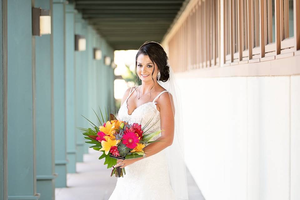 Bride by the pillars