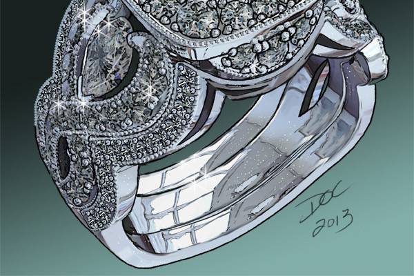Artwork of a unique trio wedding set showing graduated round diamonds in cushion shaped halo in addition to those in the over/under passes highlighting pear-shaped  diamonds on sides  of engagement ring.