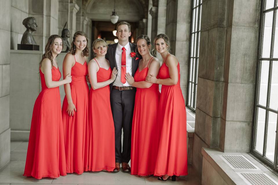 Groom with bridesmaids