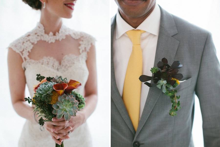 Bridal bouquet and boutonniere, succulent wedding