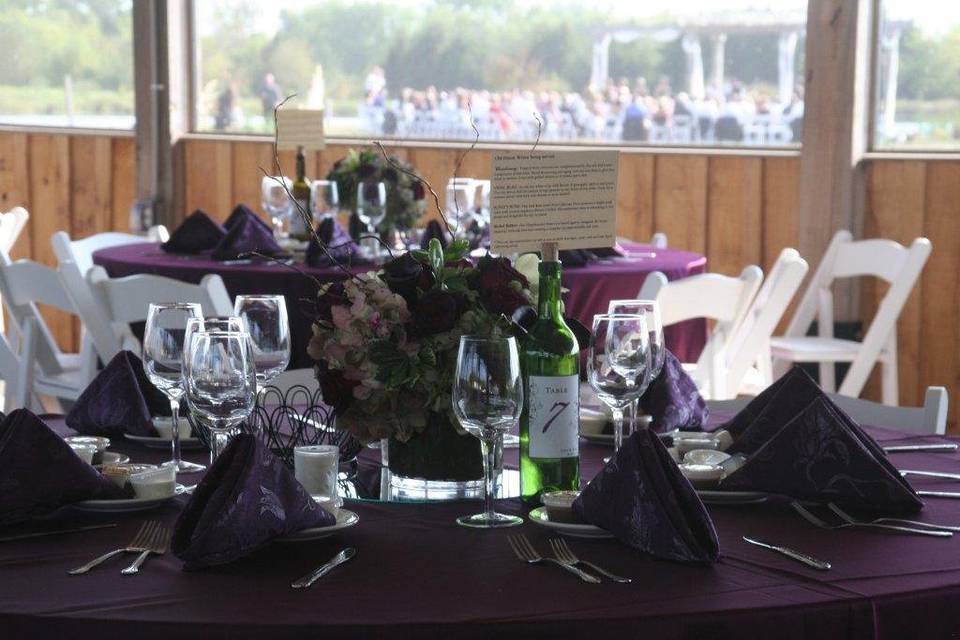 Reception set up with view of island ceremony