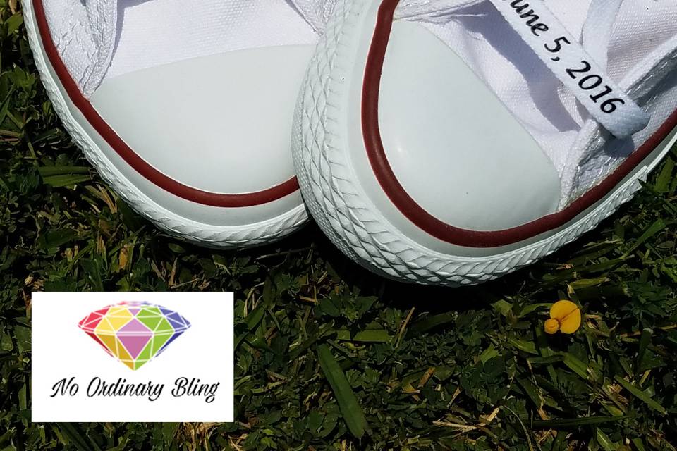D-A-P-P-E-R personalized pair of White Athletic shoestrings are standard laces found in most Converse and Nike shoes and are 45'' which are customized with Your Wedding Name and Wedding Date on middle of shoestrings to enhance your Wedding Converse. Laces are printed, not embroidered.