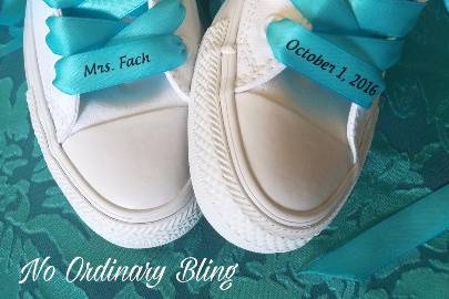 E-L-E-G-A-N-T personalized pair of Turquoise Satin Ribbon Shoe Laces customized with Your Wedding Name and Wedding Date on middle of ribbon to fit your Wedding Converse. Ribbon is printed, not embroidered.