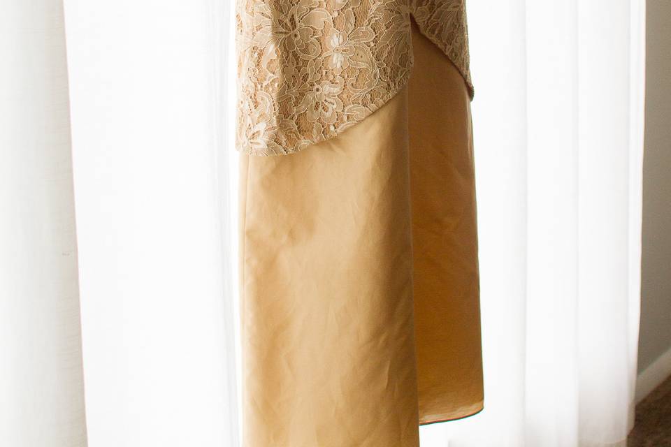 Original gold lace and silk gown. Photo by Little House Studio
