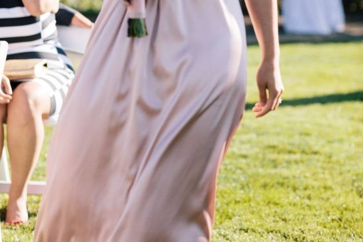 Original blush silk bridesmaid gown for a vineyard wedding.