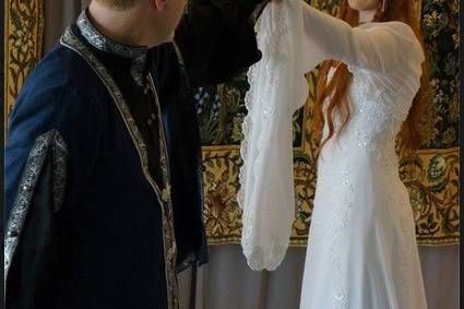 Original bridal jacket with long sleeves for Lord of the Rings themed wedding.