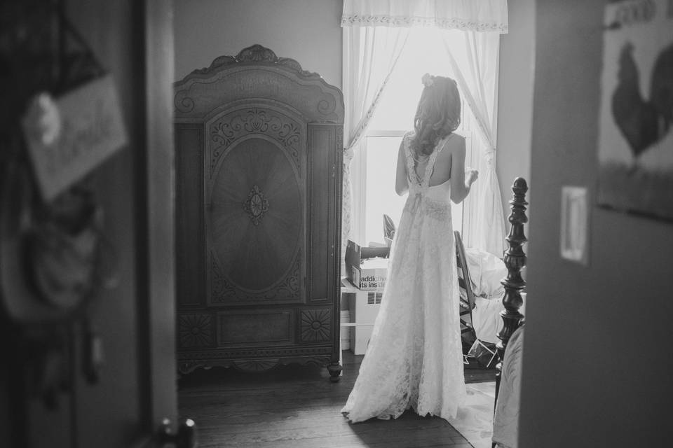 original wedding gown made with heirloom lace and pearl beads.