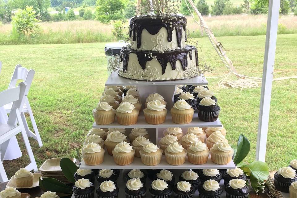 Cutting cake and cupcakes