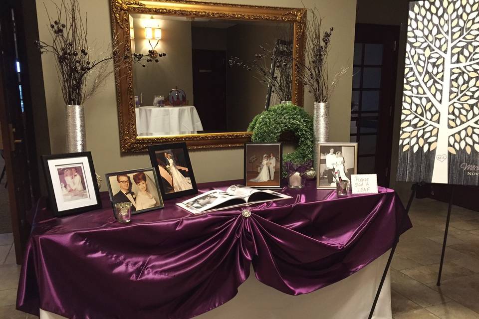 Guest log book table with violet linen