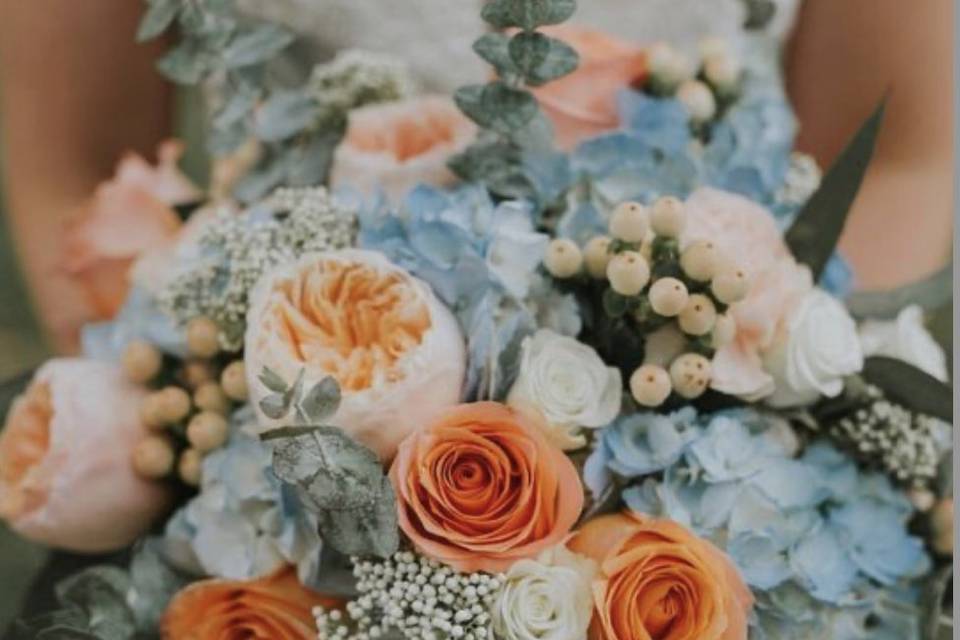 Coral and blue bouquet