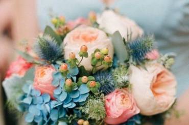 Blue and peach bridal bouquet
