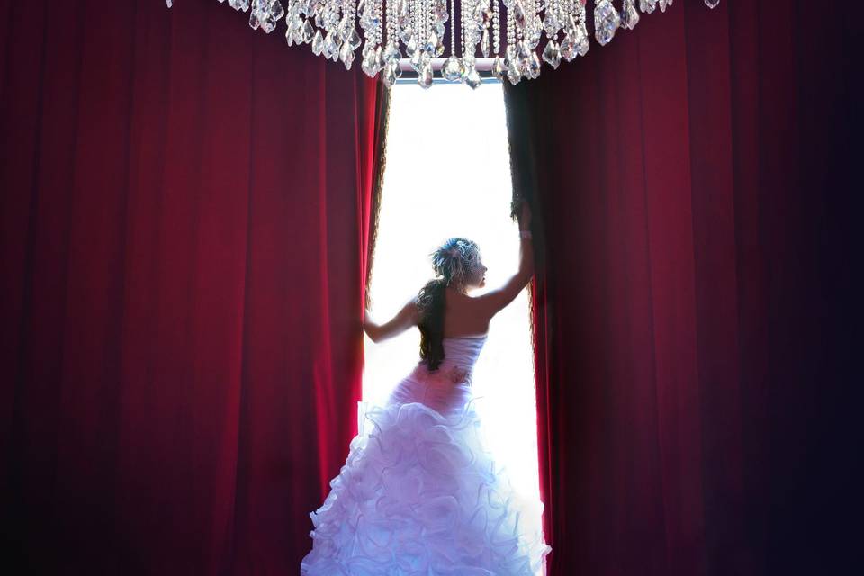 Bride beneath a beautiful chandelier